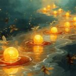 Begin Here: Watercolor winding honey pathway with eleven glowing orbs as stepping stones leading to distant sanctuary.