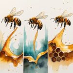 The Honey Process: Watercolor bee transformation process showing pollen collection through honey creation in connected flowing scenes.