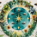 Discover Your Sacred Flow: Watercolor circle of diverse flowering plants with bees creating sacred geometry flight patterns