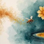 When Awakening Became Simple: Watercolor bee's S-curved flight path from chaotic geometric patterns to simple glowing flower with pollen trails.