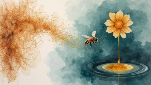 When Awakening Became Simple: Watercolor bee's S-curved flight path from chaotic geometric patterns to simple glowing flower with pollen trails.